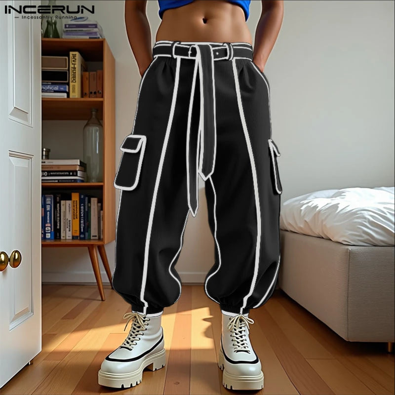 INCERUN Summer Spring Long Pants Men Fashion Patchwork Harem Pants Loose Long Trouser Streetwear Bottoms Oversize Men's Clothing